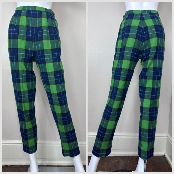 Pendleton Pants - Vintage 1960s Green and Blue Plaid Wool Pants, Pendleton Size XS, 24"x27.75"